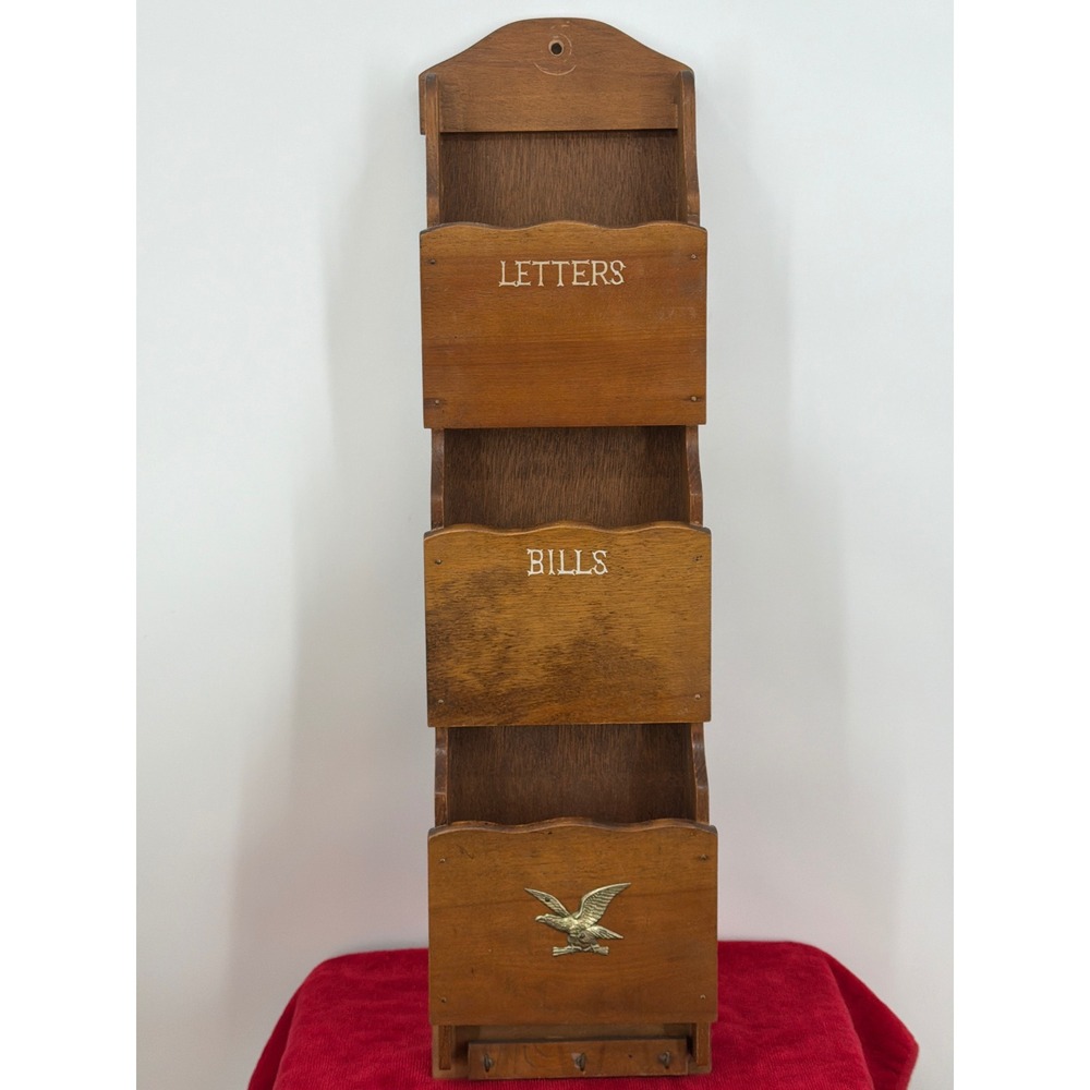 Vintage Wood Wall Letter Bill Organizer Key Holder Brass Eagle Americana MCM